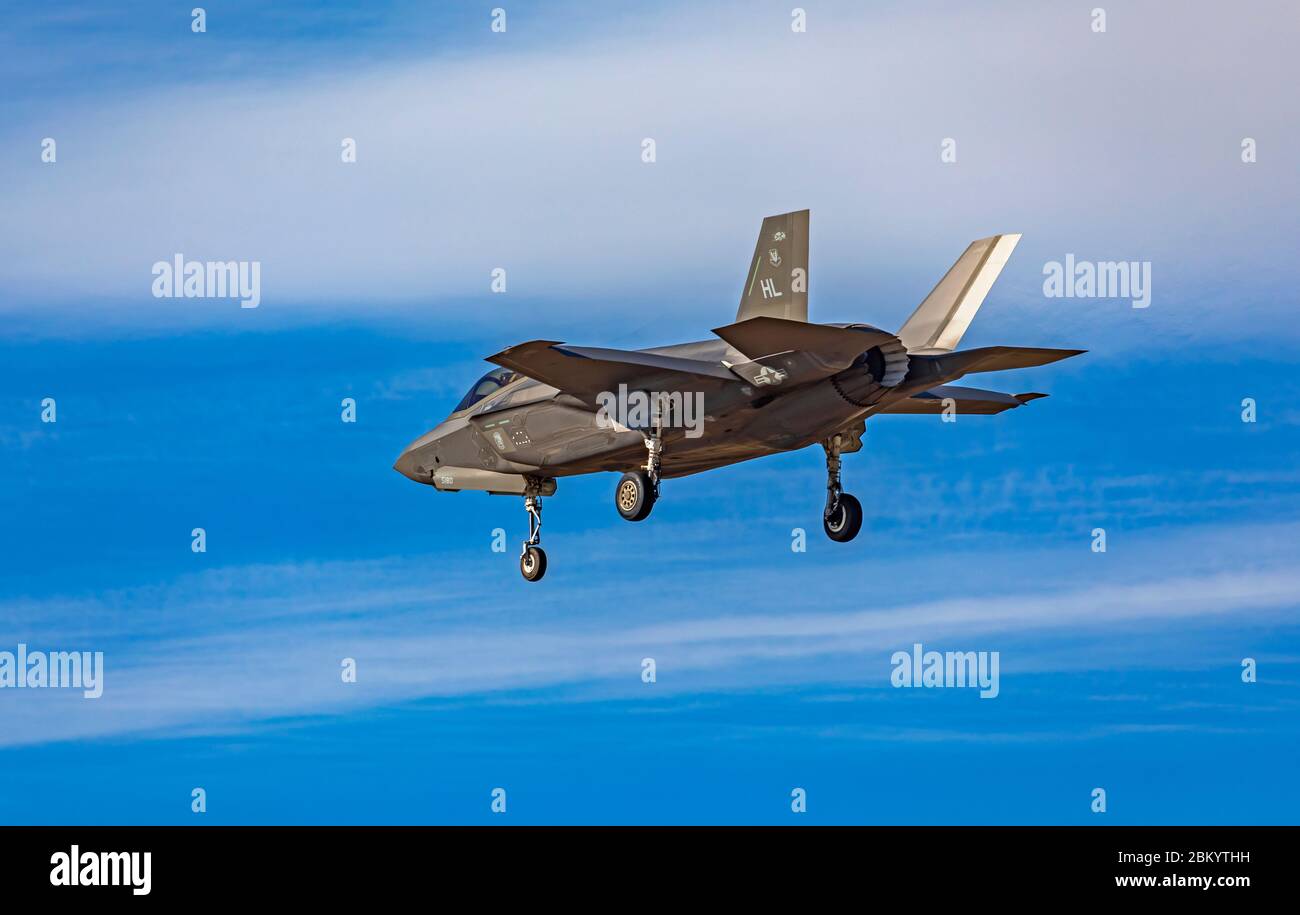 A  Lockheed Martin F-35A Lightning II jet fighter approaches the runway to land at Hill Air Force Base, Layton, Utah, USA. Stock Photo