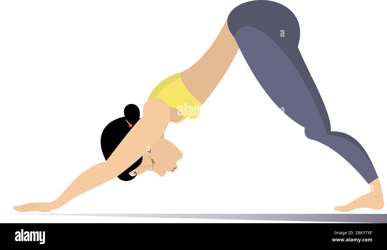 Young woman does sport or yoga exercise illustration. Young woman with lithe figure doing sport or yoga exercise isolated on white Stock Vector