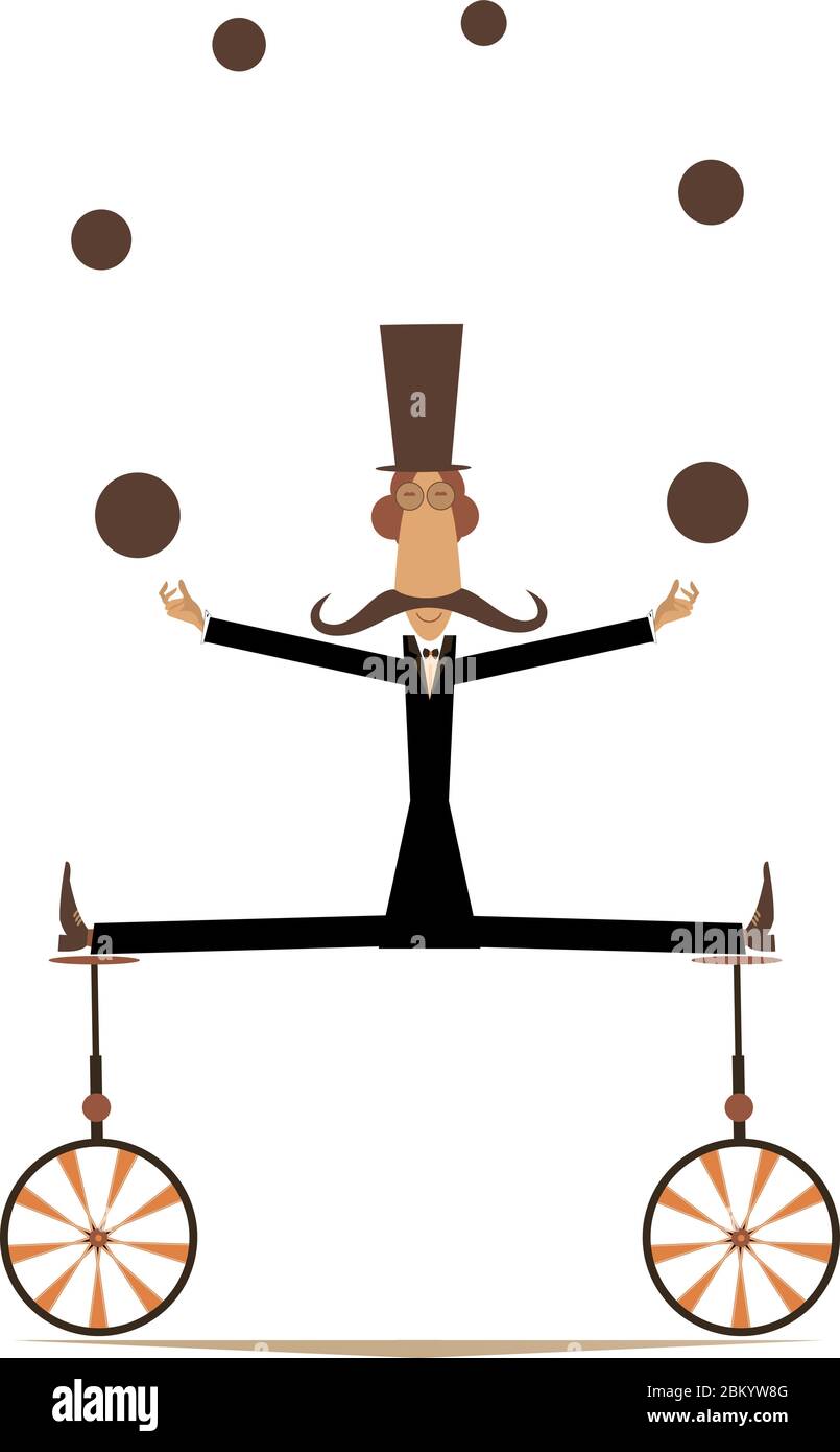 Funny long mustache man in the top hat balances on two unicycles and juggles the balls isolated on white illustration Stock Vector