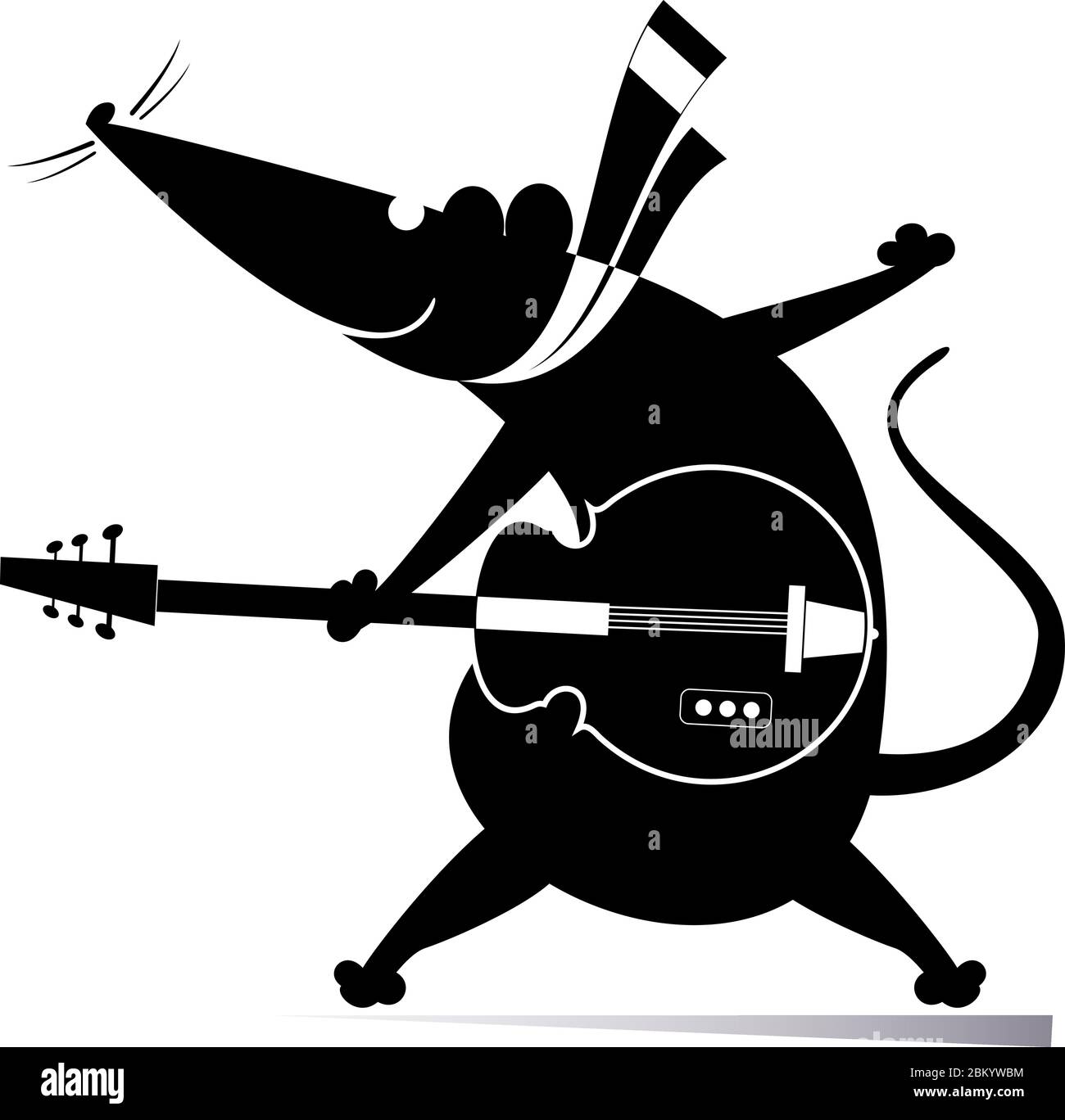 Cartoon rat or mouse plays guitar illustration. Rat or mouse plays guitar silhouette black on white Stock Vector