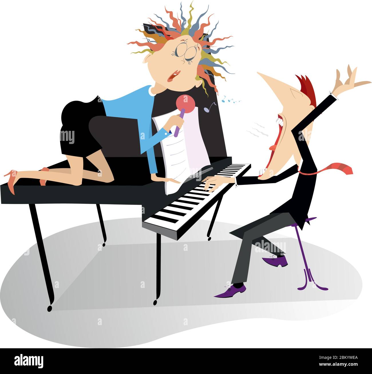 Singer woman and a pianist in the concert illustration. Pianist and singer woman sits on the piano, holds a microphone and sings isolated on white Stock Vector