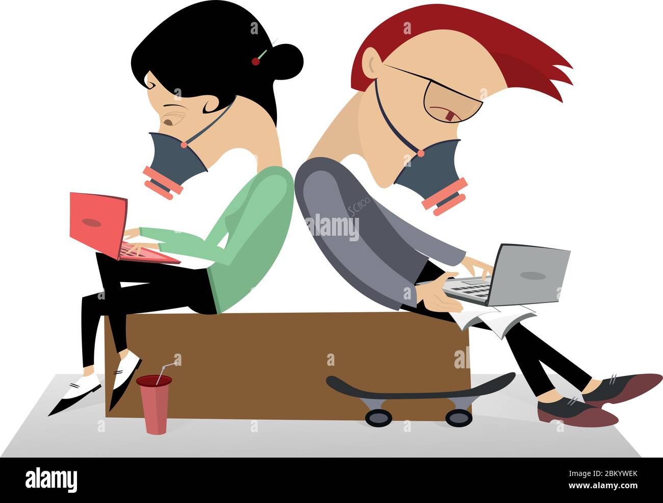 Two teenagers in the protective masks sitting back to back and communicate by internet using notebook computers isolated on white Stock Vector