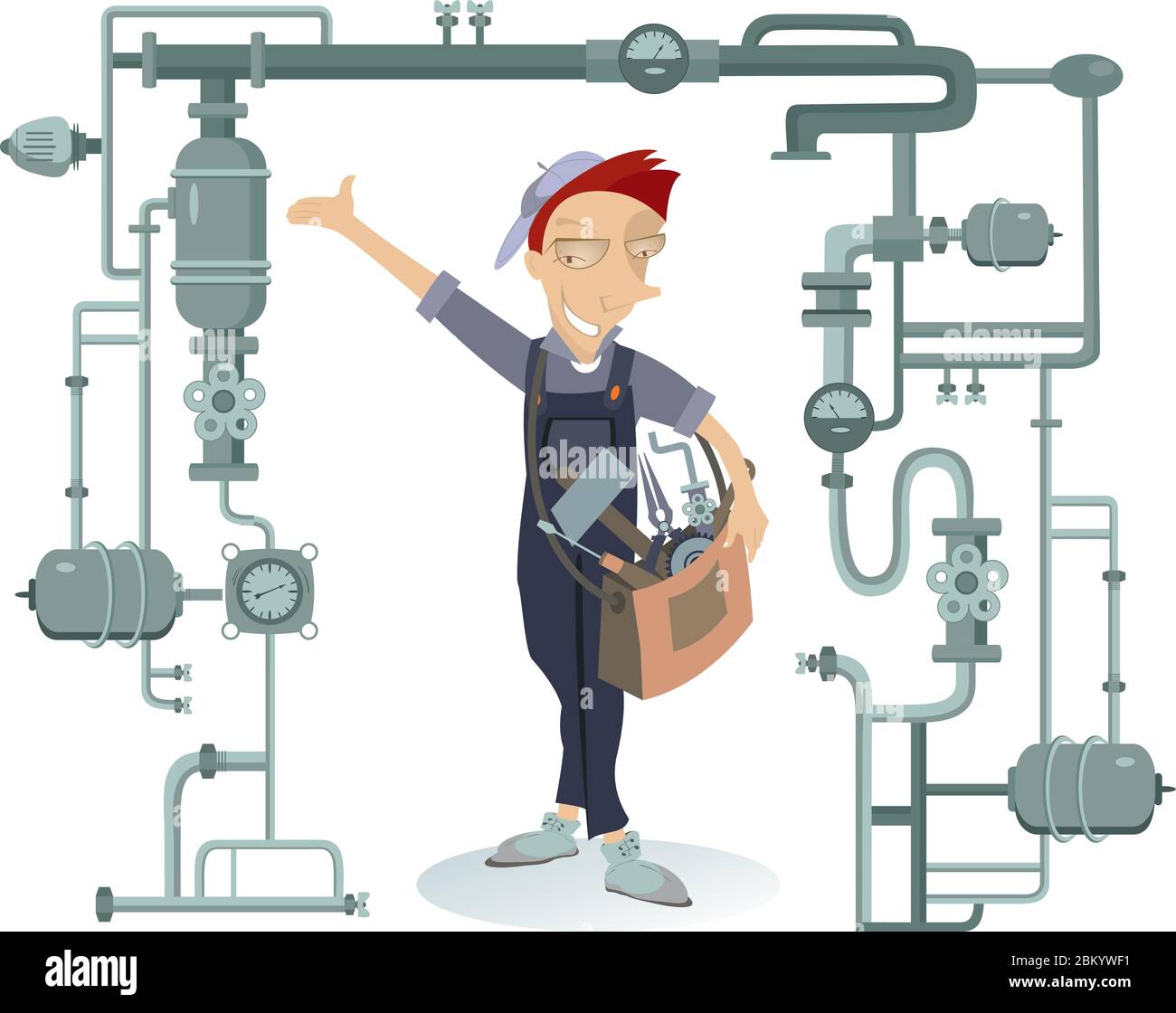 Cartoon cheerful mechanic or plumber with a big bag full of instruments on the shoulder repairs a pipe construction isolated on white Stock Vector