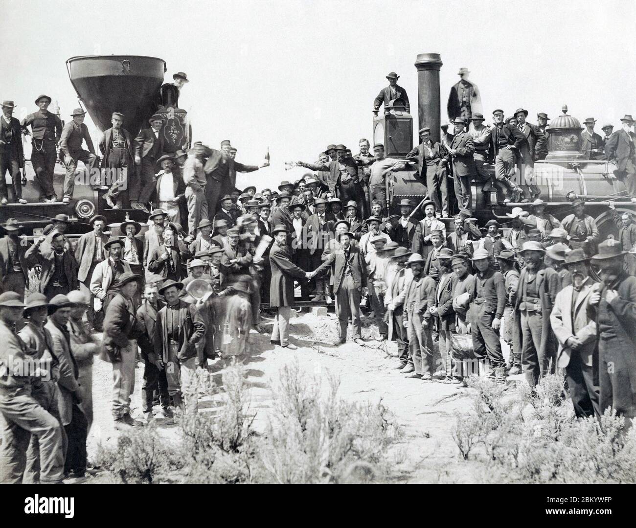 FRST US TRANSCONTINENTAL RAILROAD. Ceremony of driving the 'Last Spike' at Promontory Summit, Utah, 10 May 1869. Stock Photo