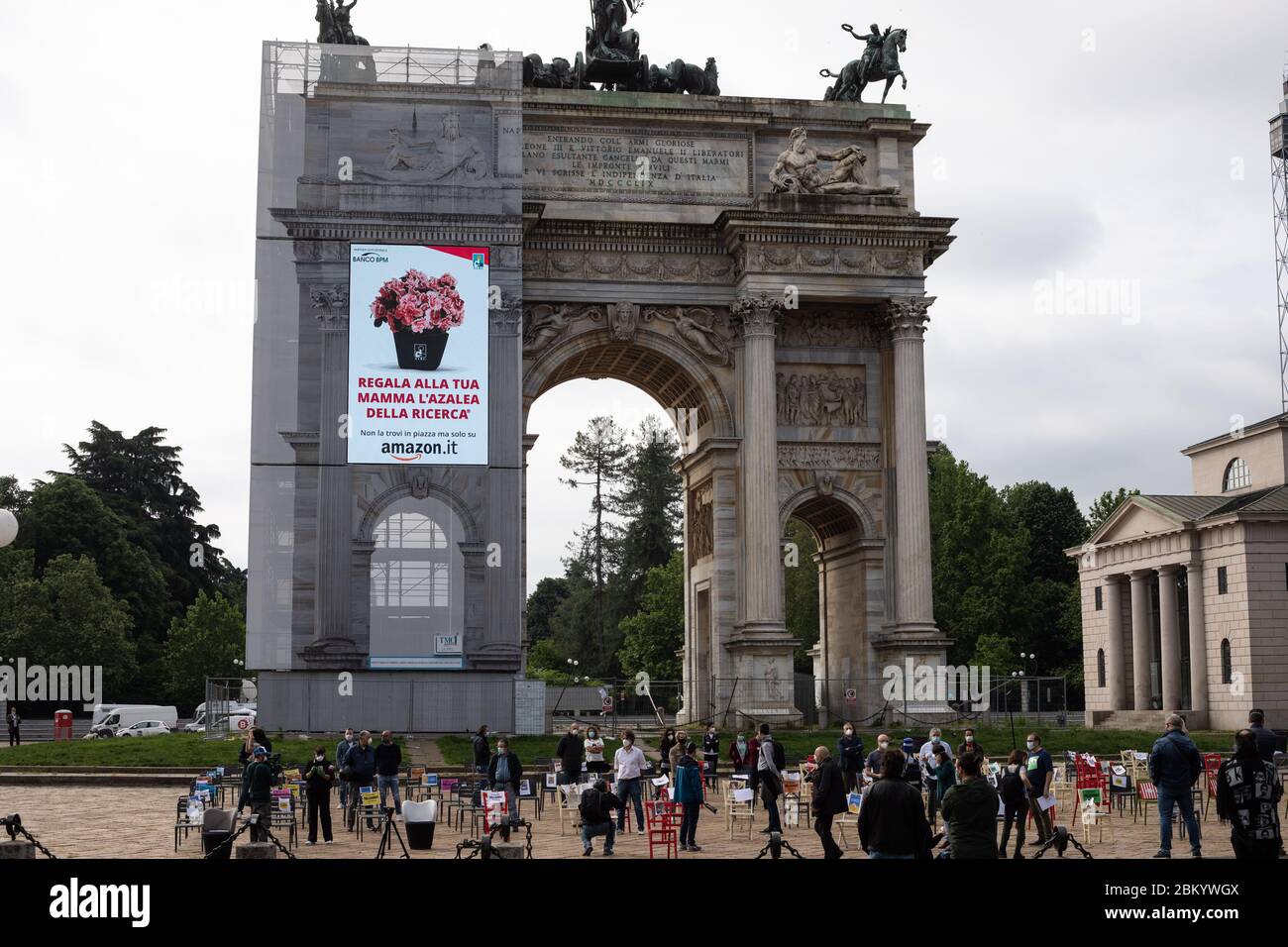Milan, May 6, 2020. Protest of shopkeepers under the Arco della Pace. With the slogan "if we open, we fail", the shopkeepers decide to cross their arms and go on strike against government measures and funds that do not arrive or that are too few to make up for the current crisis. Stock Photo