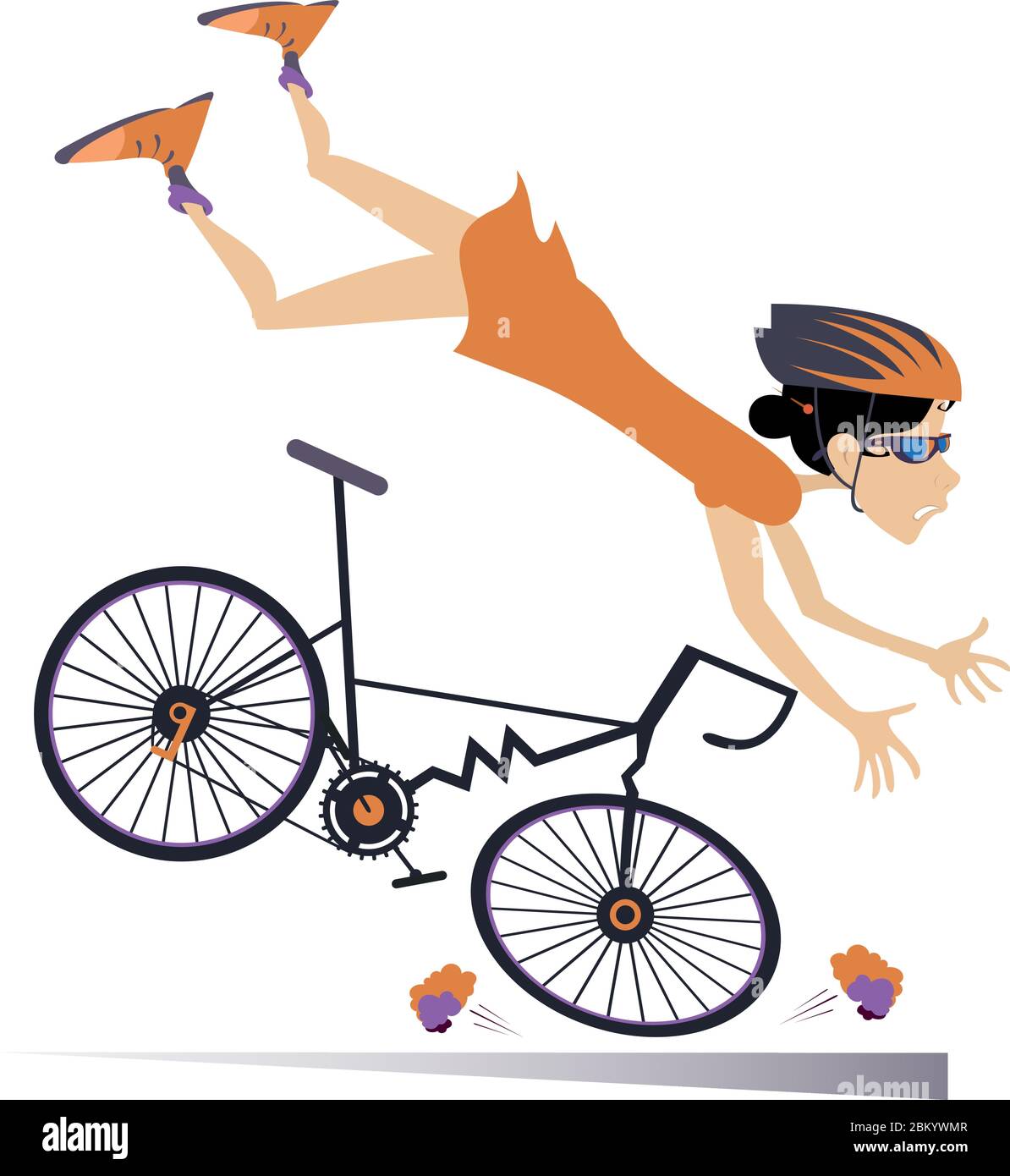 Cyclist woman falling down from the bicycle isolated illustration. Cyclist woman falling down