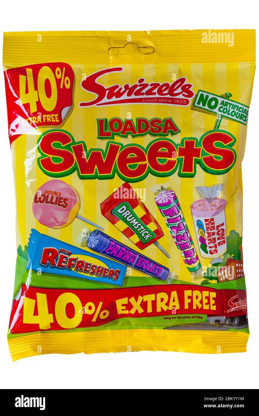 Bag of Swizzels loadsa sweets with 40% extra free isolated on white  background Stock Photo - Alamy