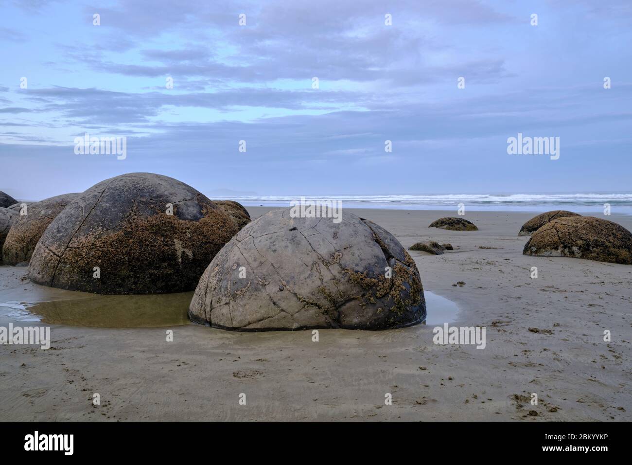Strange rock formations created by the cementation of the Paleocene mudstone on Moeraki boulders beach at sunset on a cloudy day. Stock Photo