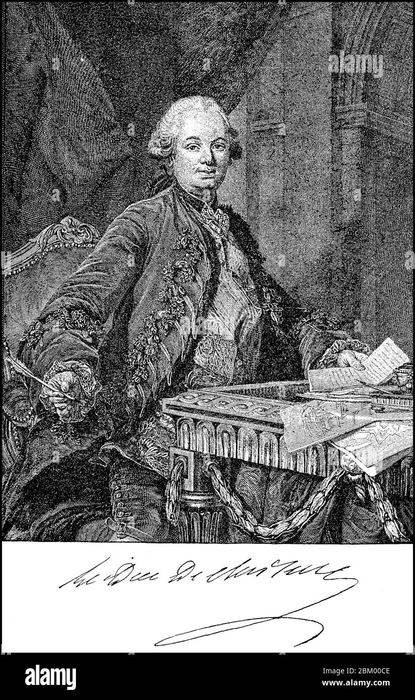 Étienne François, June 28 1719 - May 8, 1785, was the Marquis de Remonville, Seigneur de Chanteloup, Marquis de Stainville, Duc de Choiseul-Stainville and peer of France, 1758, and Duke of Choiseul, and Duke of Amboise and Peer of France, 1764, and a leading French statesman at the time of the Ancien Regime  /  Étienne-François de Choiseul, 28. Juni 1719 - 8. Mai 1785, war Marquis de Removille, Seigneur de Chanteloup, Marquis de Stainville, Duc de Choiseul-Stainville und Pair von Frankreich, 1758, sowie Herzog von Choiseul, und Herzog von Amboise und Pair von Frankreich, 1764, und ein führende Stock Photo