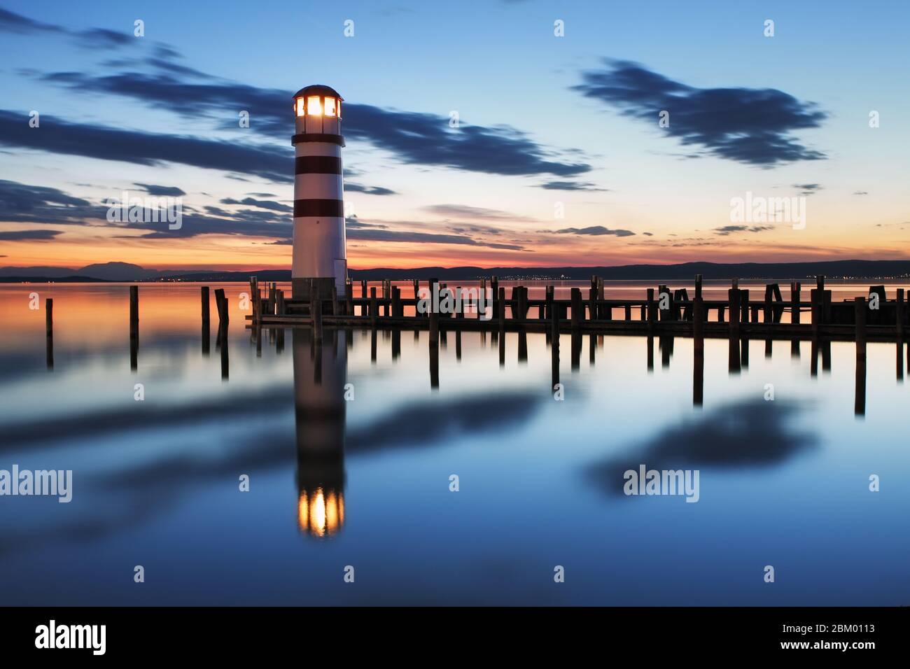 Lighthouse at Lake Neusiedl at night Stock Photo