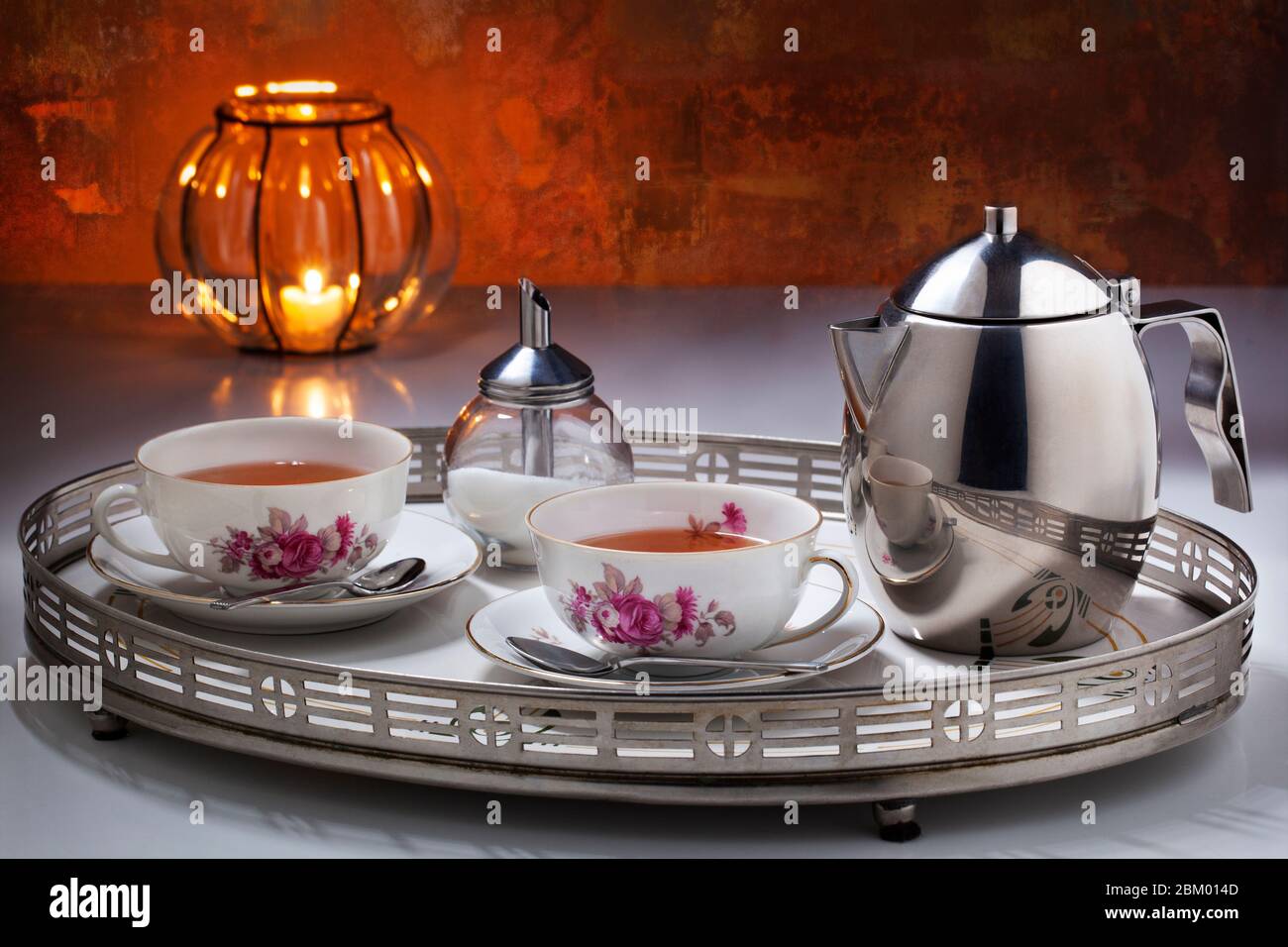 Vintage tea for two still with a stainless steel teapot, old Dutch