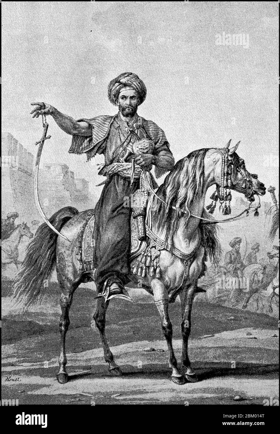 Riders from the people of Mamluk, Mamluks, Mamluk, Mamelukes, Mamelukes Mamelukes, Mama hatches, Mamalukken or Ghilman, Gilman were, in many Islamic dominions military slaves of Central Asian or Eastern European, mostly of Turkish or Caucasian, origin  /  Reiter aus dem Volk der Mamluk, Mamluken, Mamluken, Mameluken, Mamelucken, Mamelukken, Mamaluken, Mamalukken, oder Ghilman, Gilman, waren in vielen islamischen Herrschaftsgebieten Militärsklaven zentralasiatischer oder osteuropäischer, meist türkischer oder kaukasischer, Herkunft, Historisch, historical, digital improved reproduction of an or Stock Photo