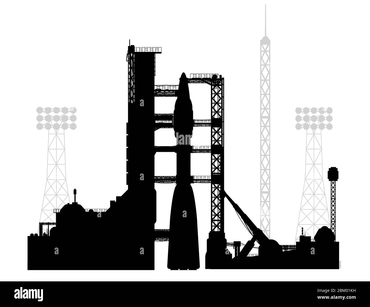 Vector drawing of a cosmodrome in a silhouette style. Stock Vector