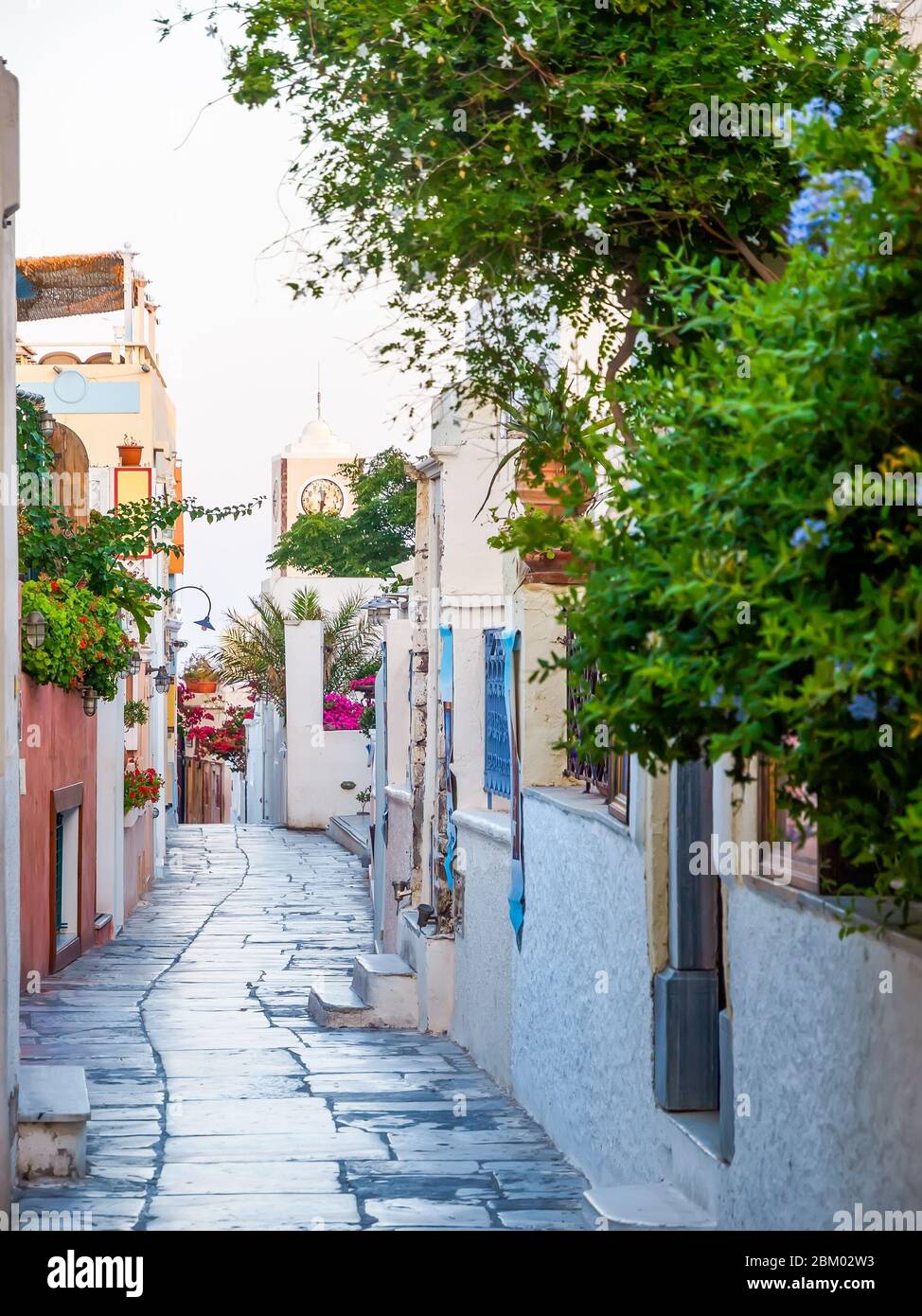 Oia morning city street, Sunny day on Santorini island. Santorini, Cyclades, Greece. Stock Photo
