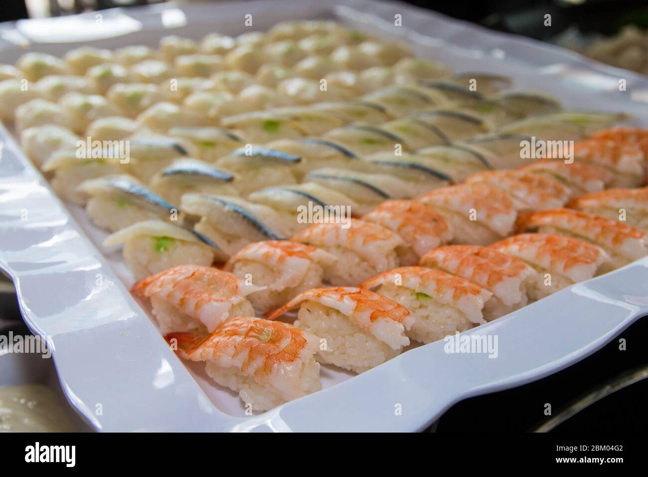 Shrimp Nigiri Sushi being served in a tray for a lunch buffet. Different types of Sushi. Stock Photo