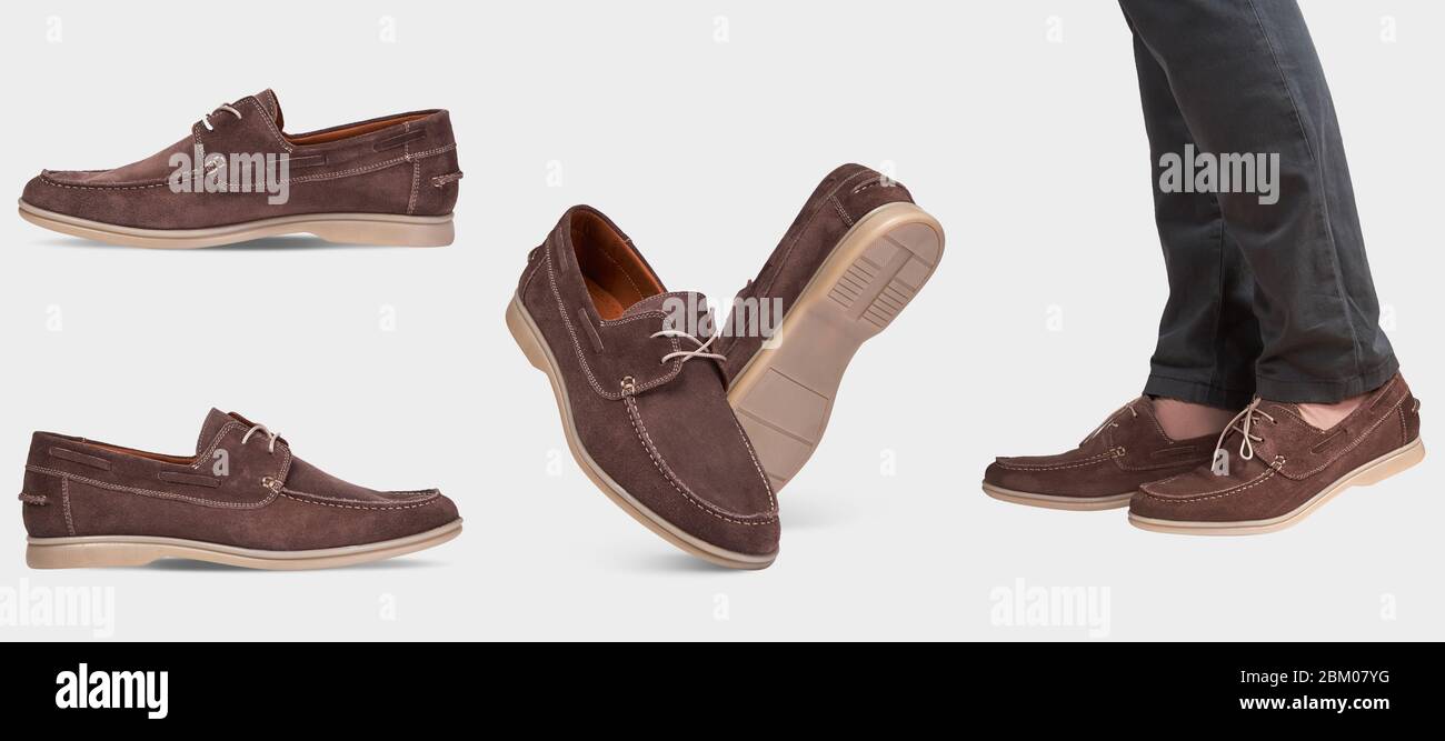 Men's summer suede brown loafers with laces and beige soles. isolated on a white background.Summer men's style. Men's classic style. Stock Photo