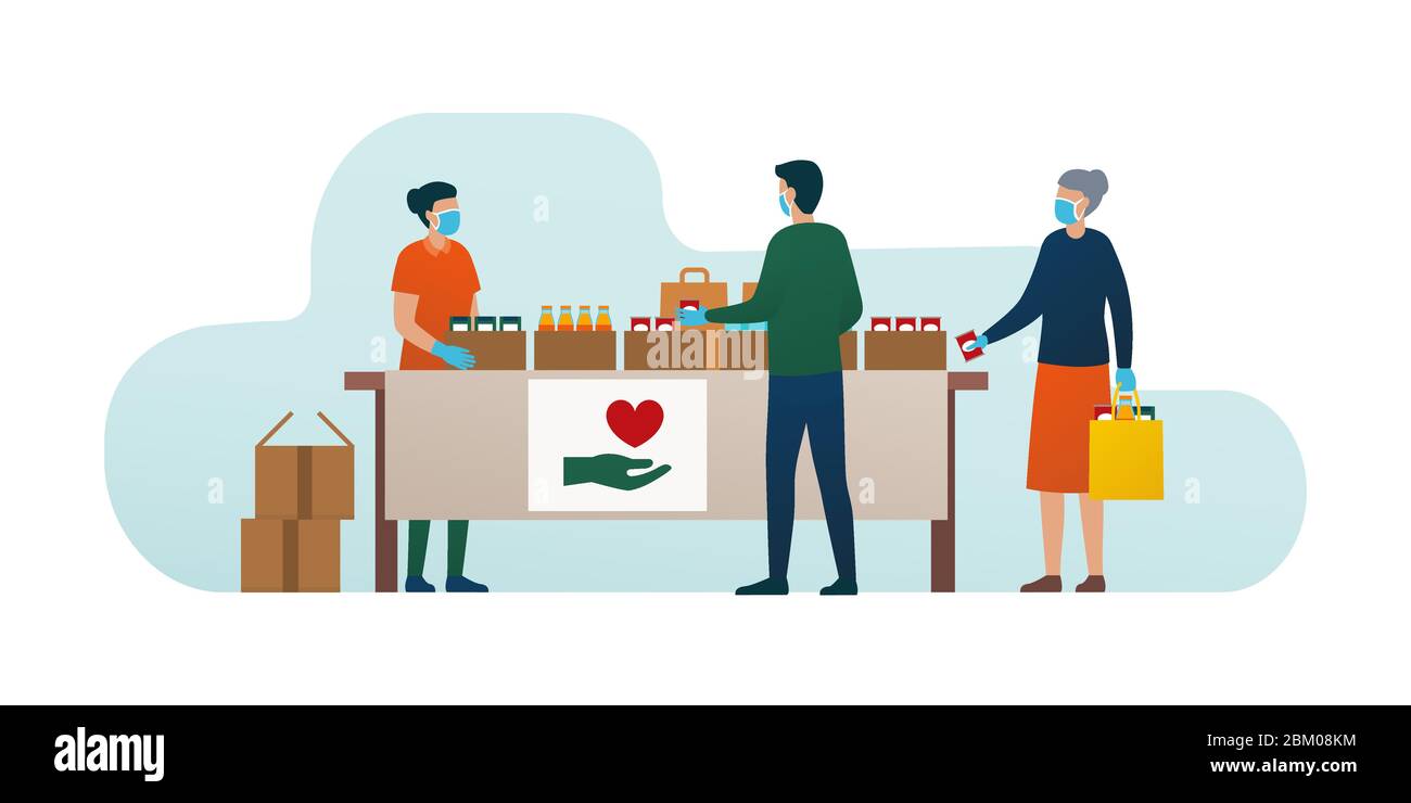 Volunteer distributing food to people during coronavirus covid-19 epidemic, food donation and solidarity concept Stock Vector