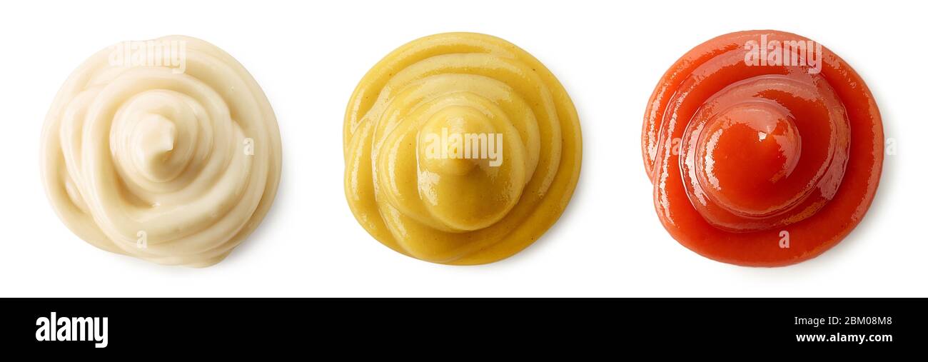 Set of tomato ketchup, mayonnaise and mustard isolated on white