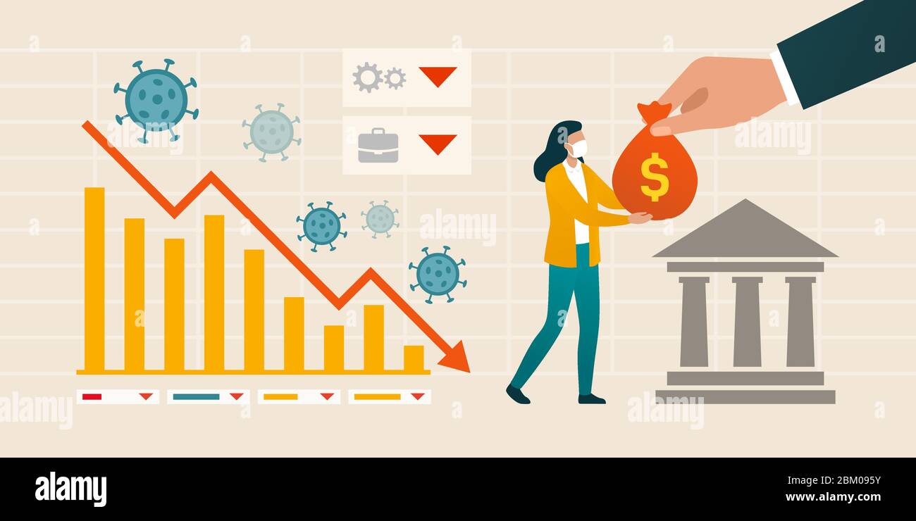 Impact of coronavirus on economy and financial assistance: chart showing financial crisis and woman receiving an aid package from government and centr Stock Vector