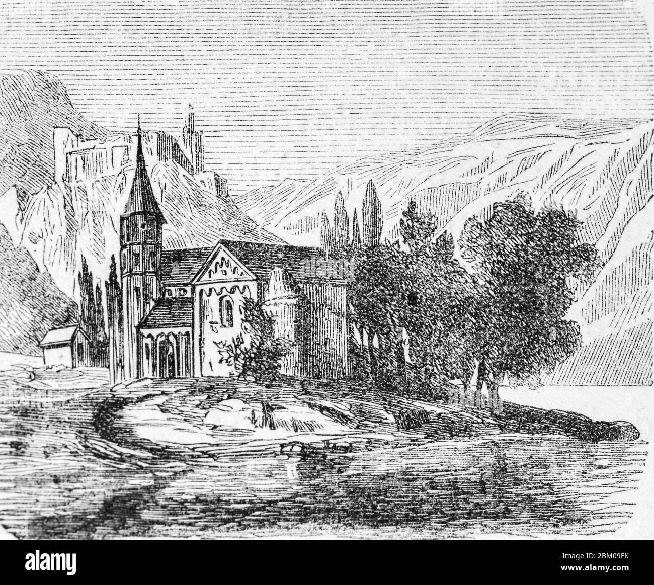 Falkenburg, Castle rui Falkenberg, with viallge church,  Le Rhin by Victor Hugo, Paris about 1843 Stock Photo