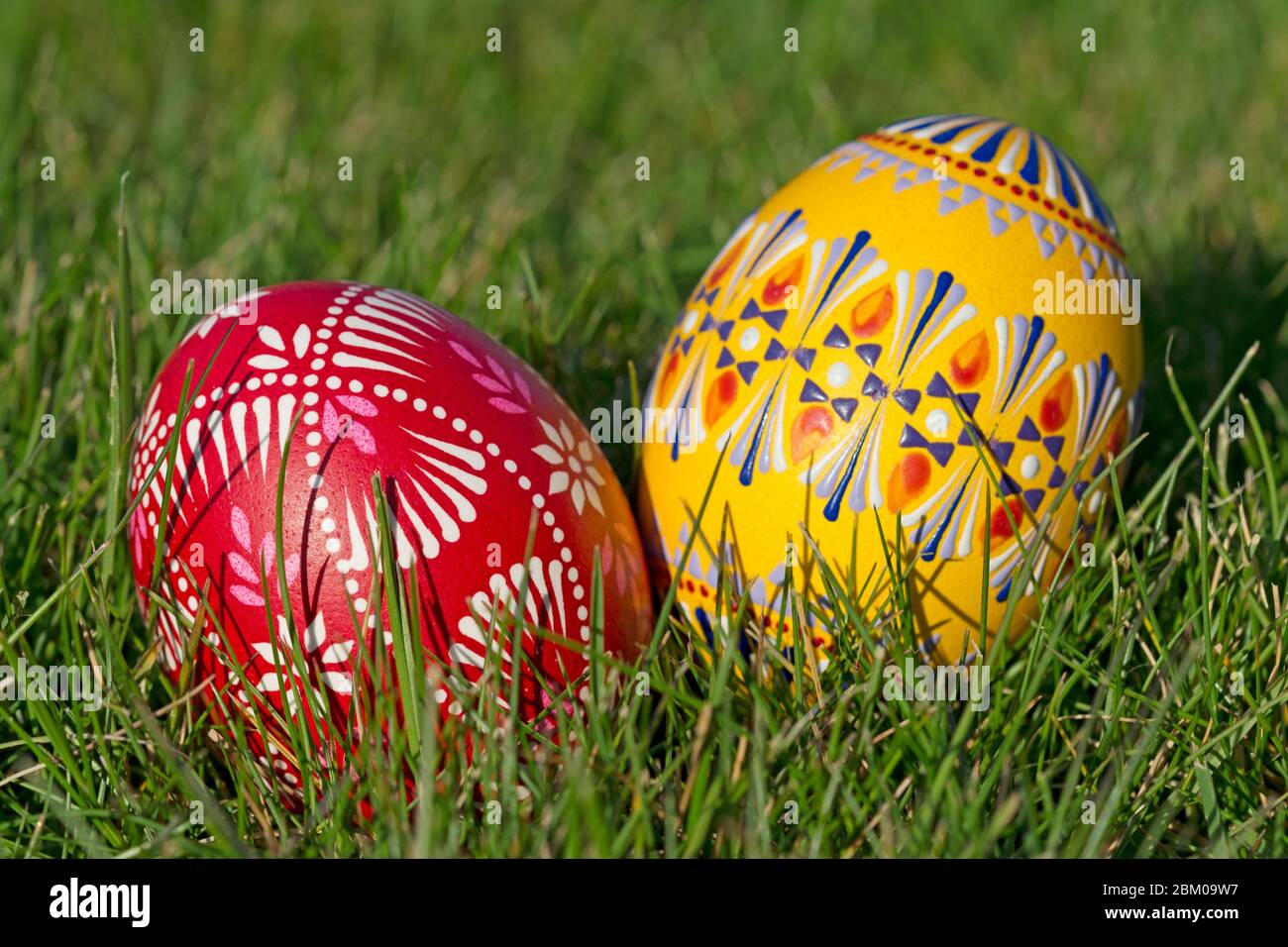 Two hand-painted Easter eggs lie in the grass Stock Photo