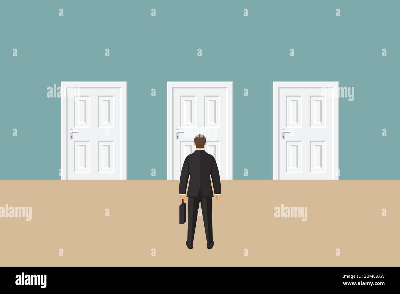 Choice way concept. Businessman stading in front of three closed doors. Decide direction. Business decision. Vector illustration in flat style Stock Vector