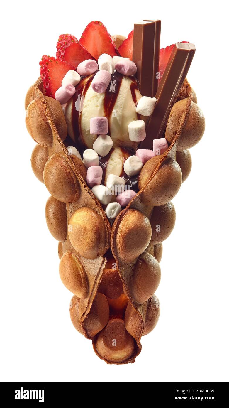 Hong kong or bubble waffle with ice cream, chocolate, marshmallows and