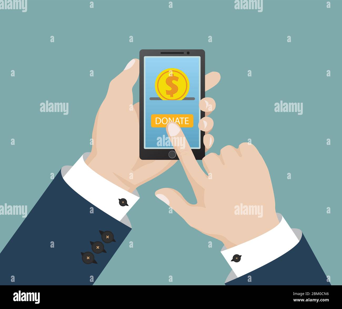Donate online concept. Gold coin and donate button on smartphone screen. Human hand holding smartphone. Vector illustration in flat design Stock Vector