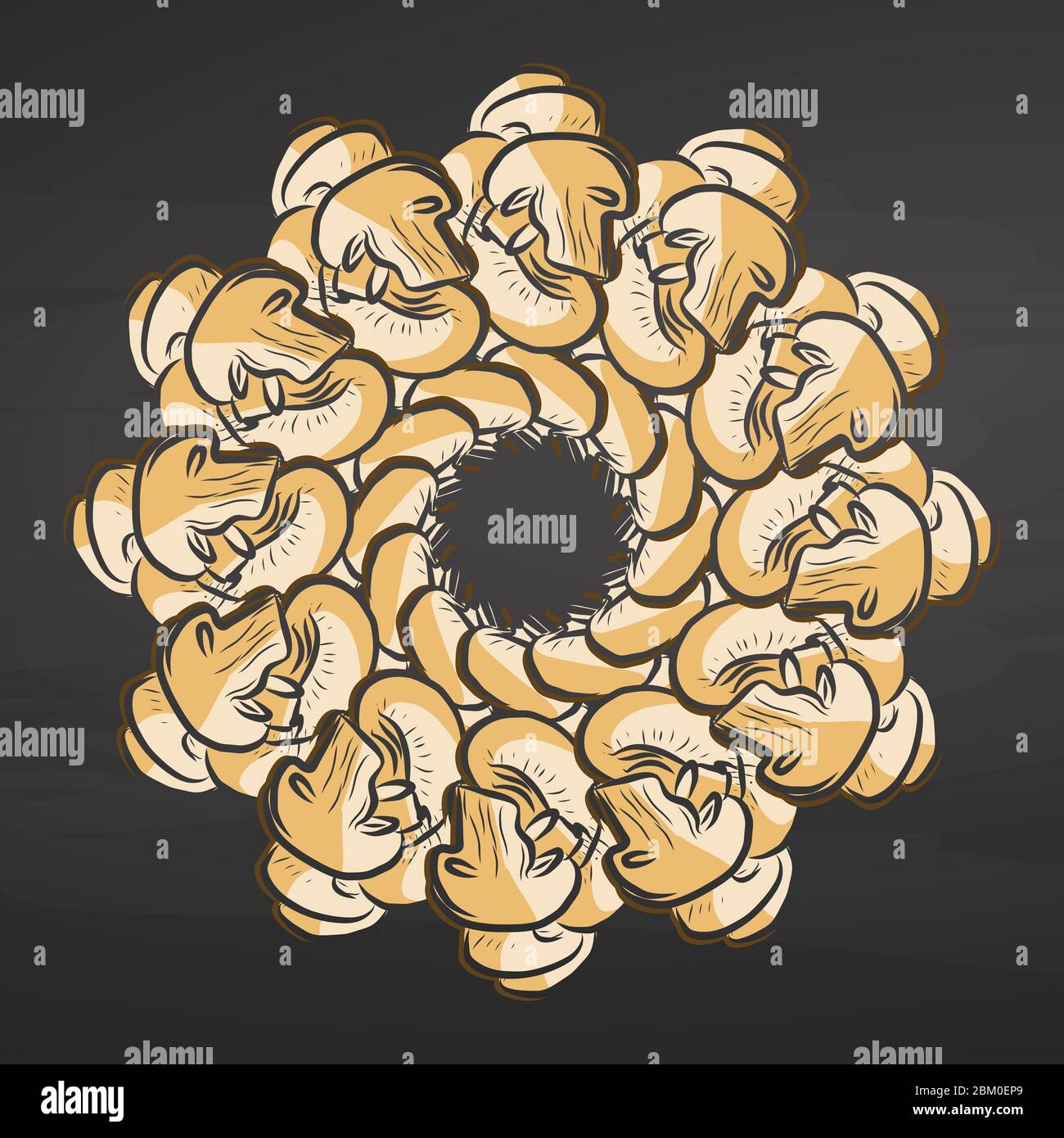 Mushrooms arranged in a circle. Seamless round composition with hand drawn veggies. Vector illustration on blackboard. Stock Vector