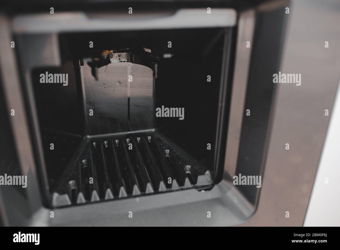 Dirty coffee machine close up look. Barista equipment. Coffee maker