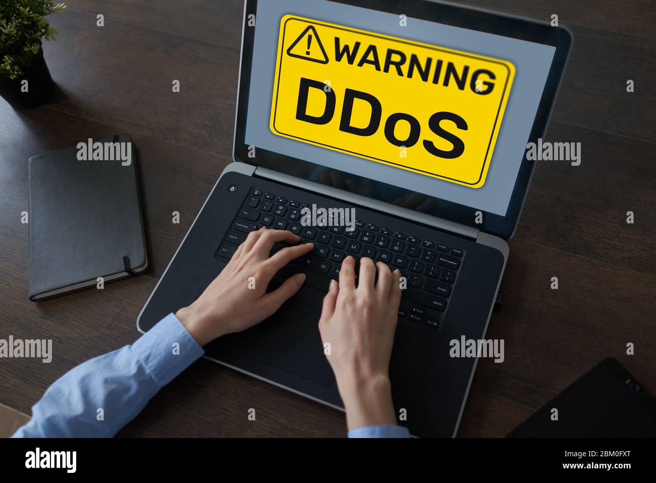 DDoS attack detection message. Virus and Hacking. Cyber security and internet concept Stock Photo