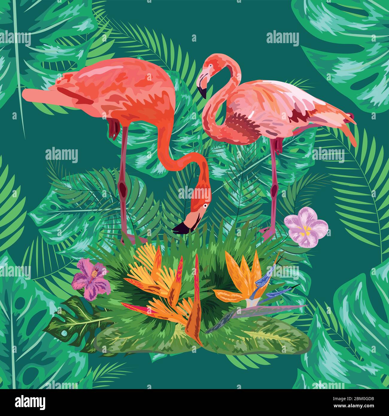 Bright green tropical jungle rainforest palm tree leaves. Pink exotic