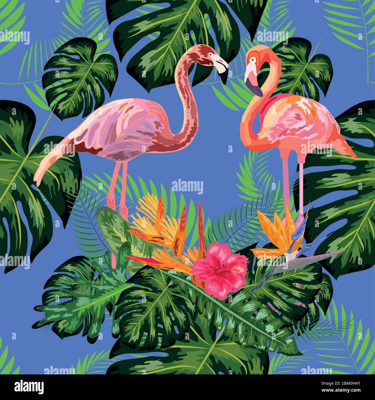 Bright green tropical jungle rainforest palm tree leaves. Pink exotic