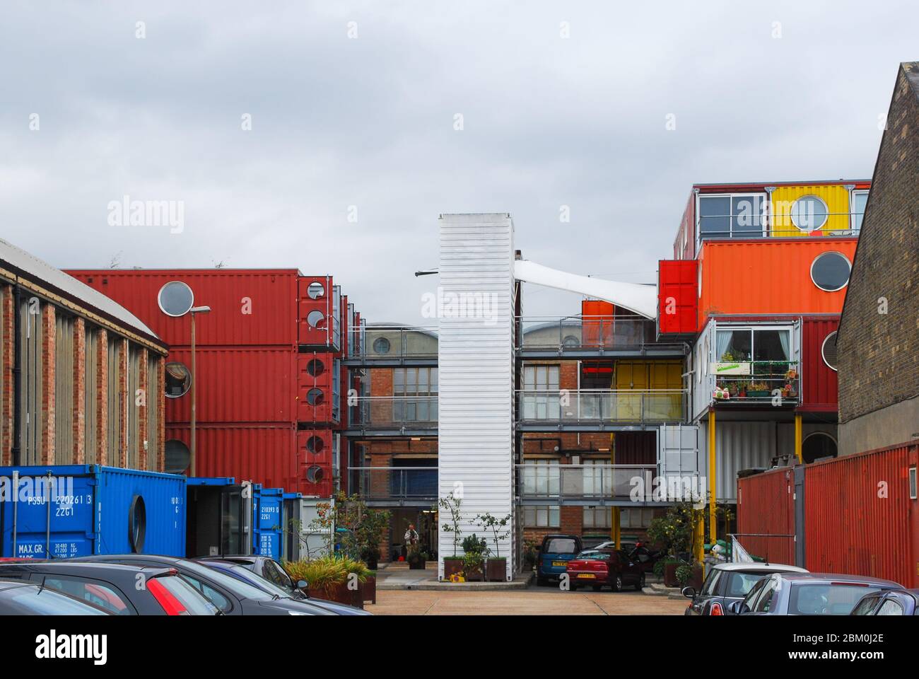 Shipping Containers Colourful Re-Use Accommodation Flexible Low-Cost Housing Container City, 64 Orchard Place, Trinity Buoy Wharf, London E14 0JW Stock Photo