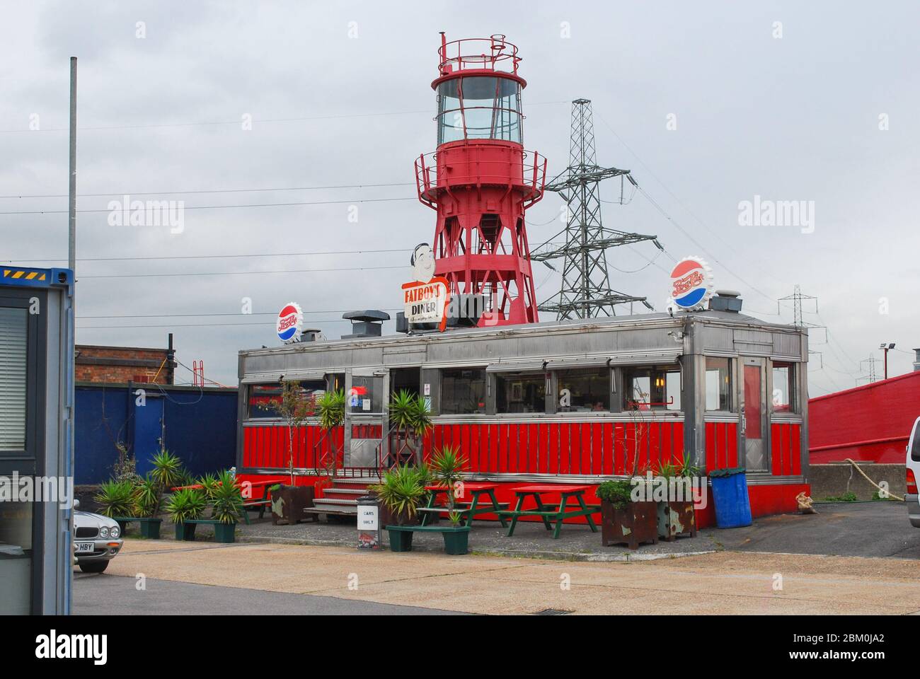Shipping Containers Colourful Re-Use American Diner Flexible Low-Cost Housing Container City, 64 Orchard Place, Trinity Buoy Wharf, London E14 0JW Stock Photo