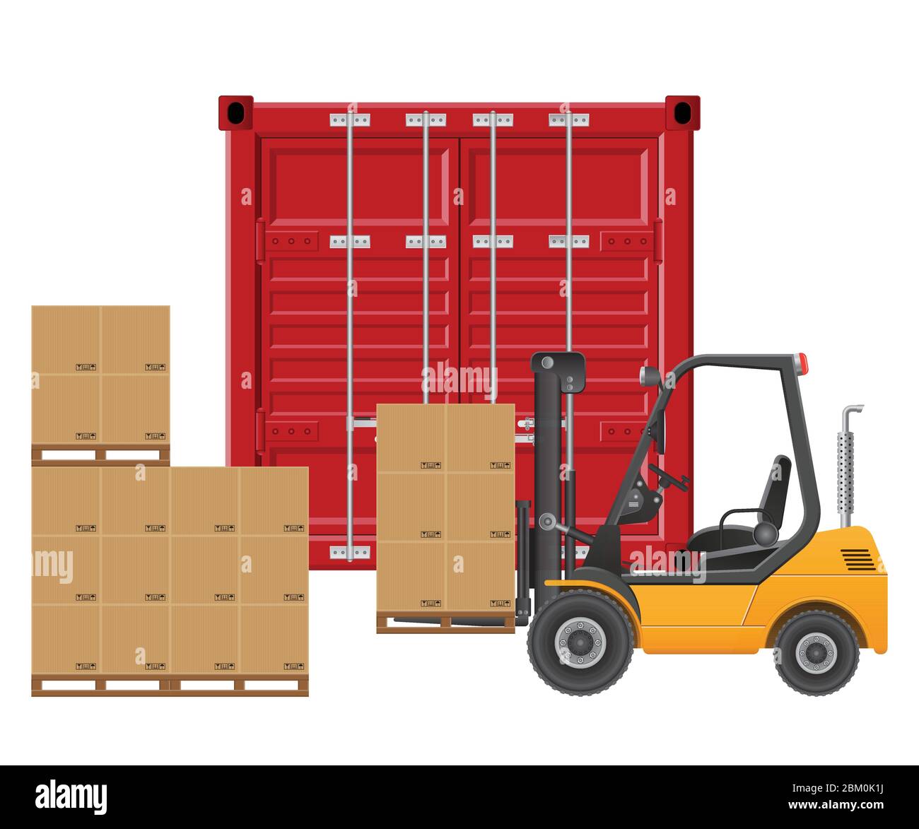 Forklift loading cargo container. Vector illustration isolated on white background. Stock Vector
