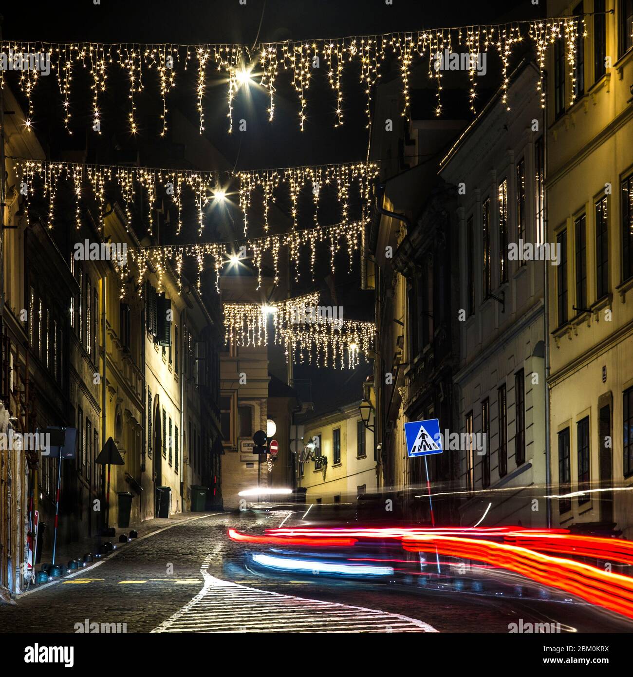 Driving in the streets during nighttime Stock Photo