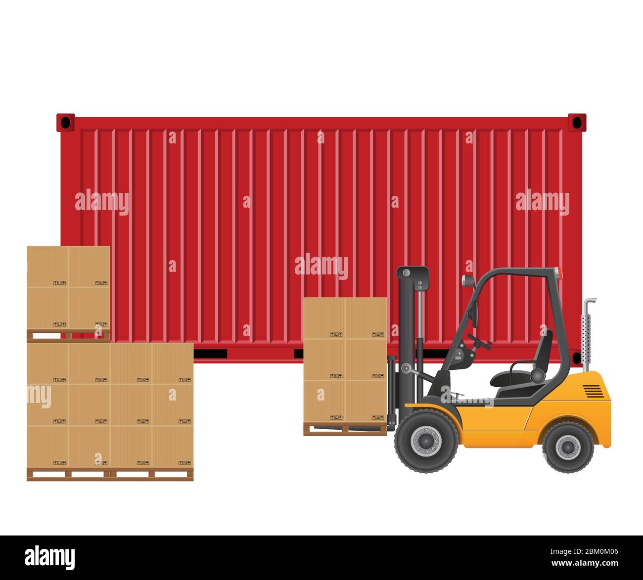 Forklift loading cargo container. Vector illustration isolated on white background. Stock Vector