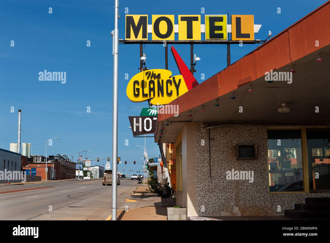 Clinton, Oklahoma, USA July 8, 2014 The sign for The Glancy Motel