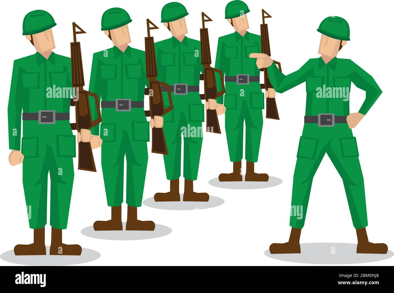 Military soldiers in green uniform getting scolded by their team army officer. Vector illustration isolated on white background. Stock Vector