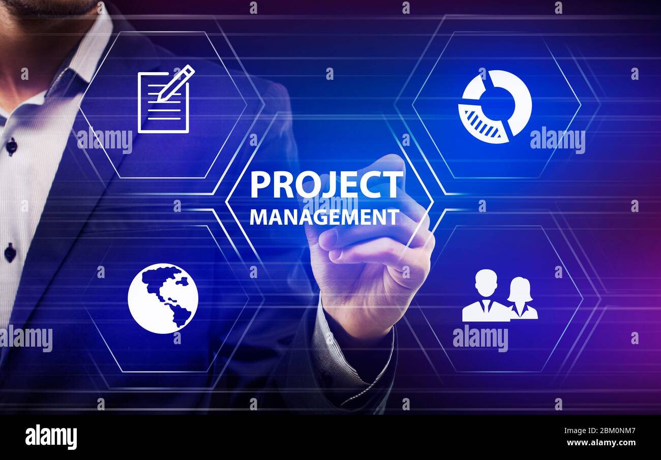 Businessman using virtual computer and selecting project management Stock Photo