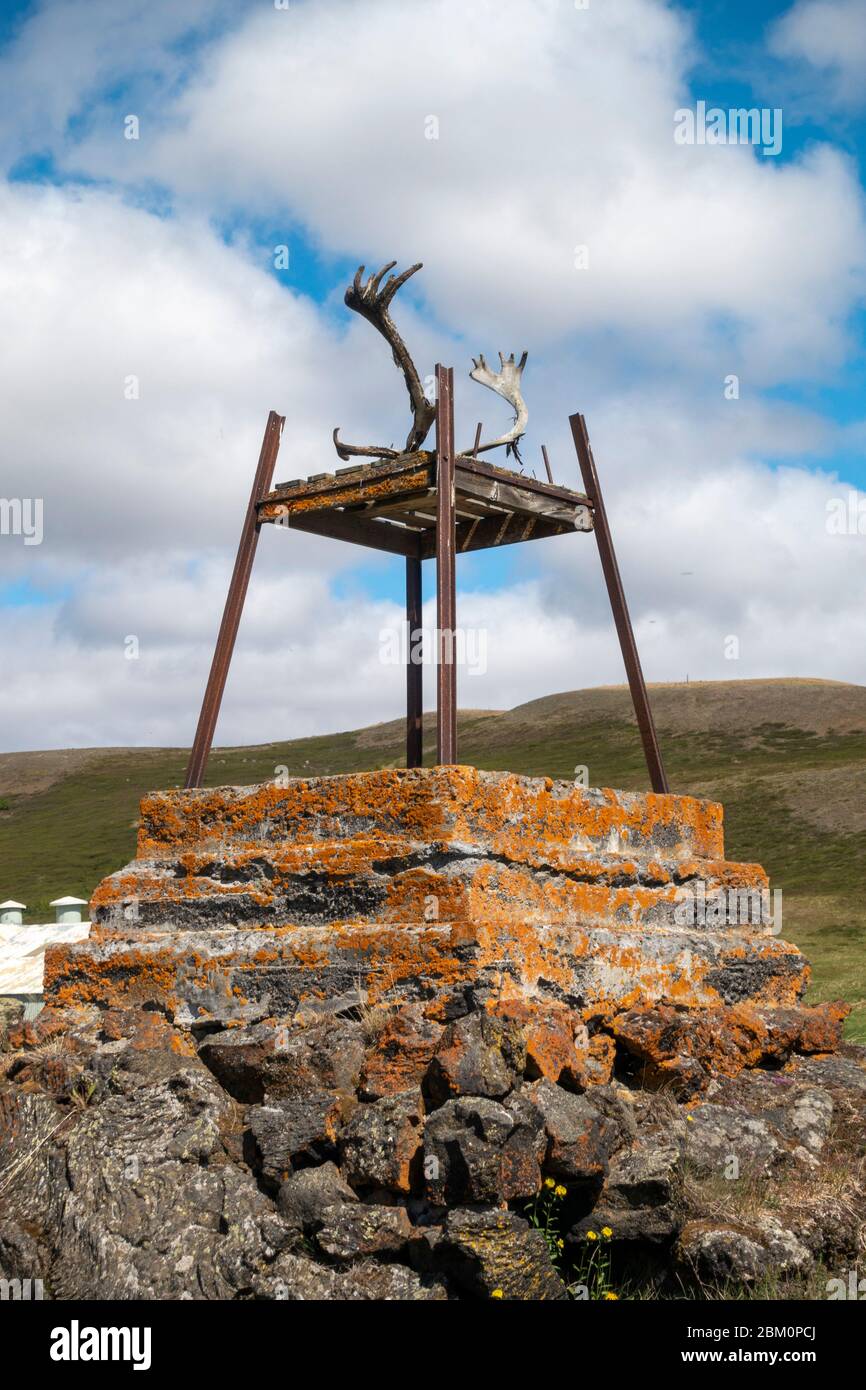 Strange looking structure (a damaged former windmill) with deer antlers in Reykjahlíð, Myvatn, Iceland. Stock Photo
