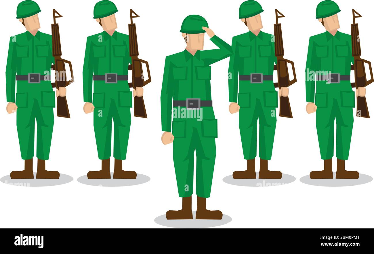 Military soldiers in green uniform with gun and their team army officer saluting. Vector illustration isolated on white background. Stock Vector