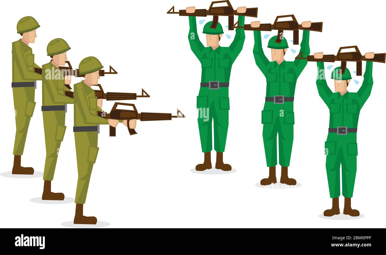 Military soldiers in green uniform surrender in a battle. Vector illustration isolated on white background. Stock Vector