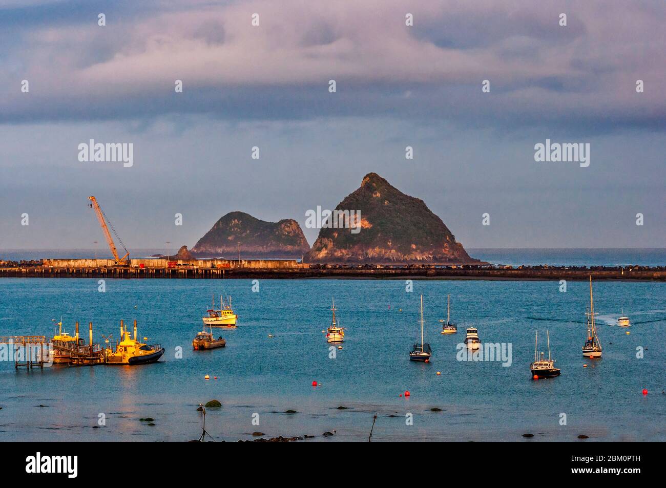 Boats at Port Taranaki, Whareumu and Motorua Islands in dist, sunrise, from Belt Road Holiday Park in New Plymouth, North Island, New Zealand Stock Photo