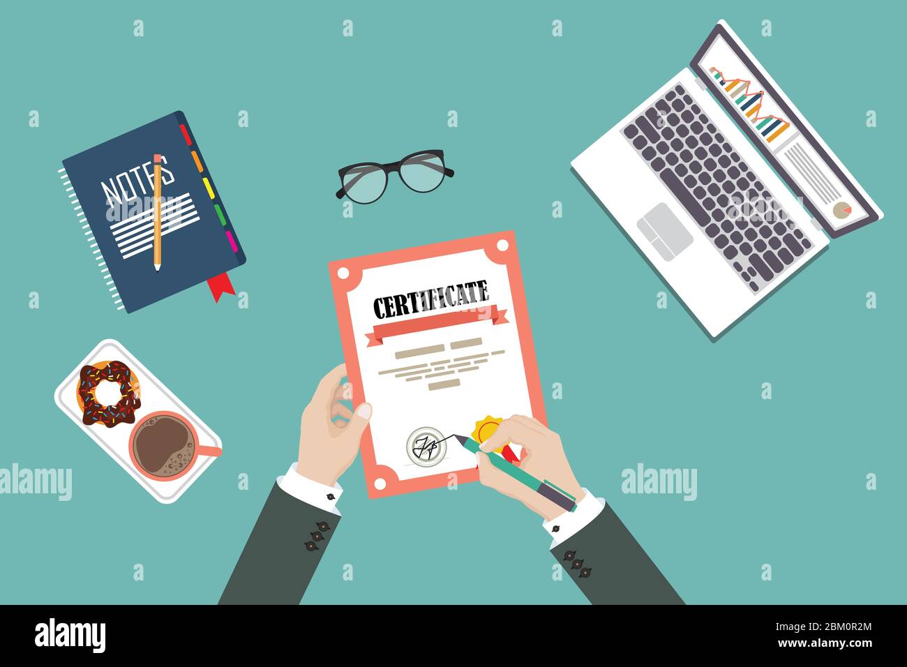 Man hand sign certificate. Vector illustration in flat style Stock Vector