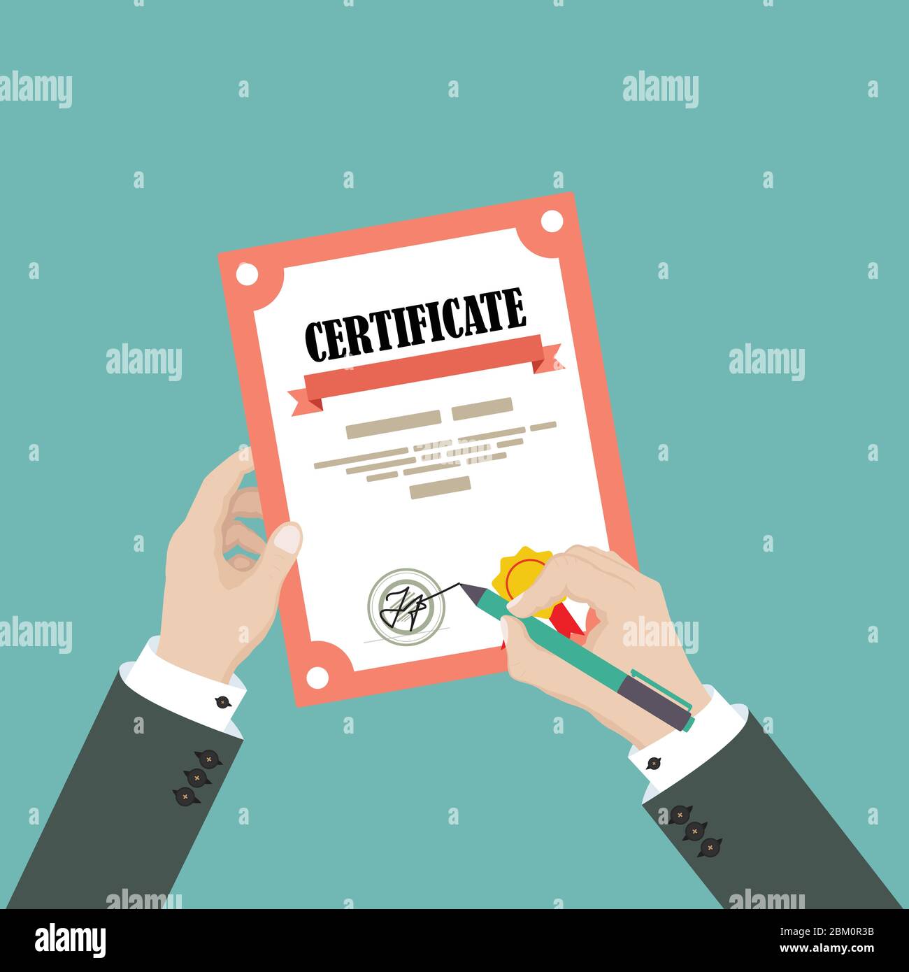 Man hand sign certificate. Vector illustration in flat style Stock Vector