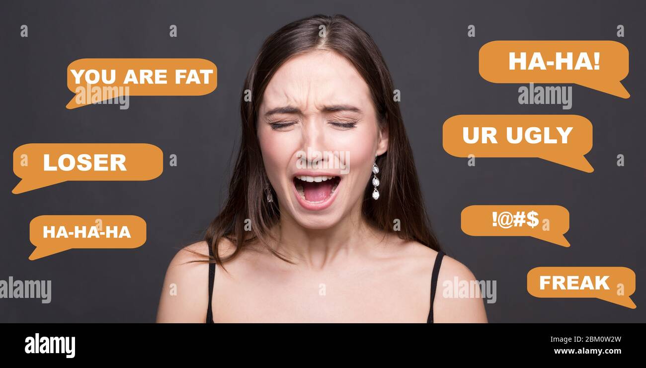 Stop cyberbullying. Desperate young girl screaming because of abusive chat texts on grey background, collage. Panorama Stock Photo