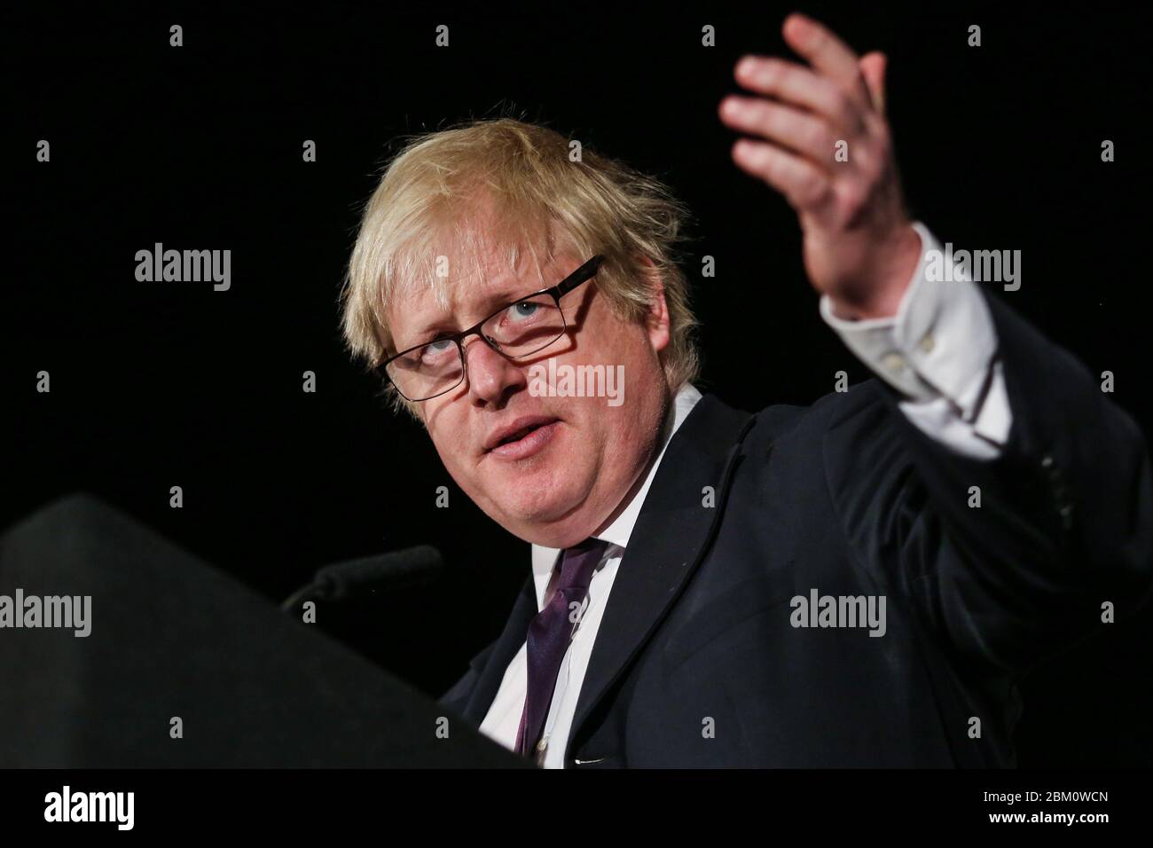 Conservative MP and Mayor of London Boris Johnson speaks at a Vote Leave event in Leeds, West Yorkshire. Campaigning for the referendum, which will de Stock Photo