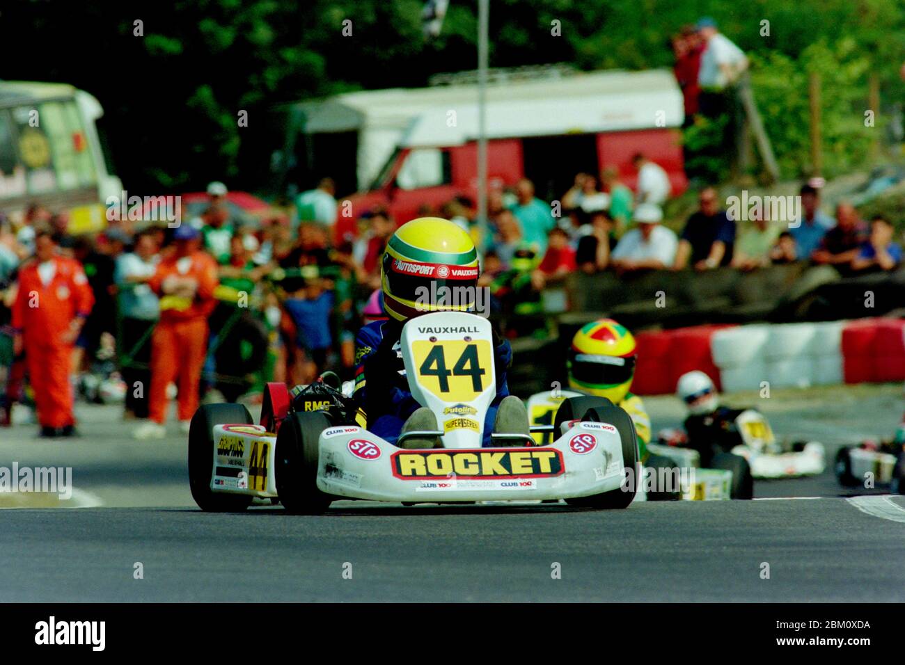 A young Lewis Hamilton leading karting rival Michael Conway at the British Championships at Buckmore Park in 1995. Stock Photo